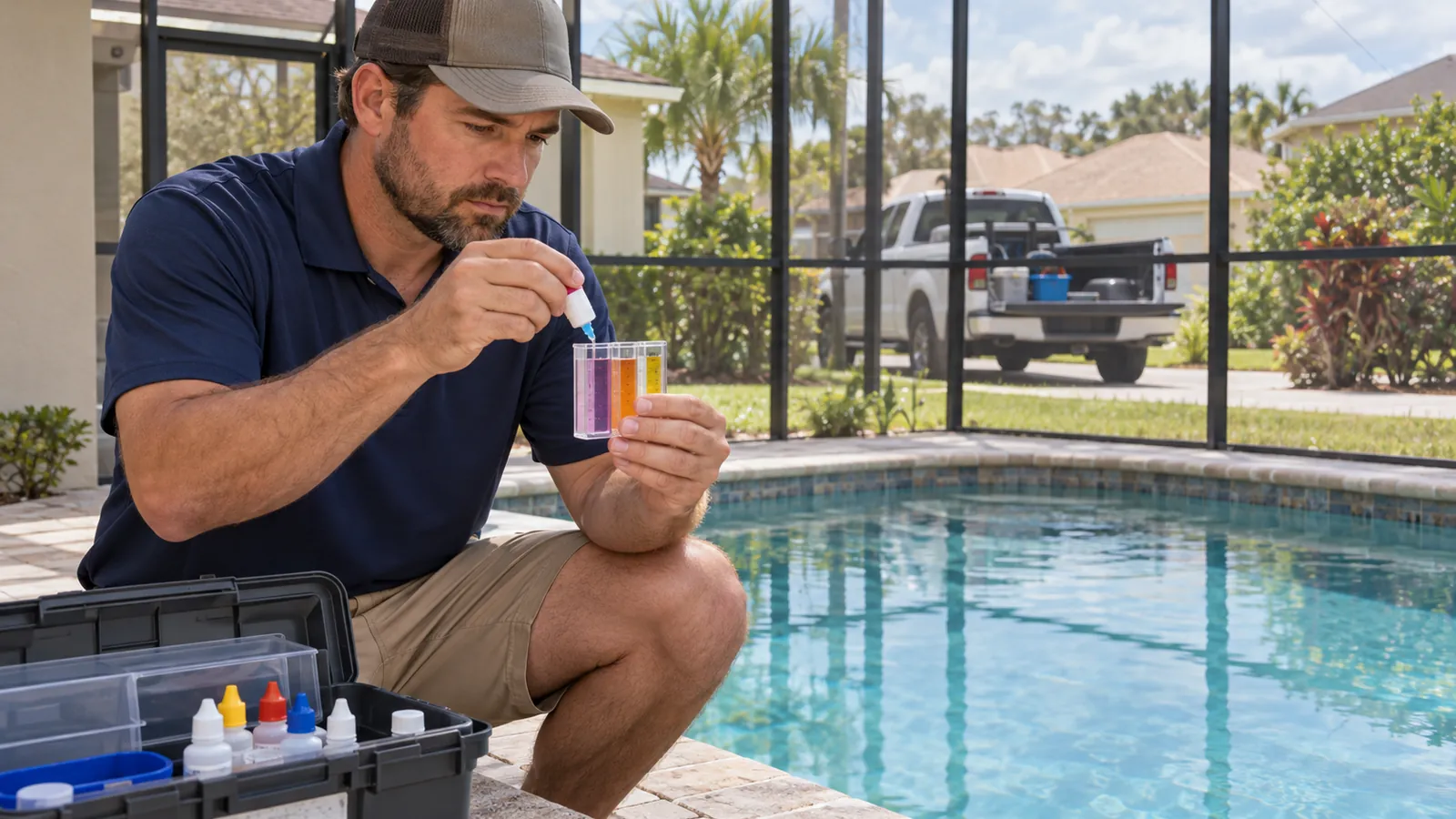 A pool technician in a company polo checks water chemistry with a test kit beside a backyard pool in a Jacksonville neighborhood