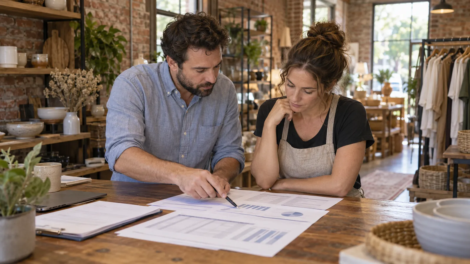 A shop owner and an accountant review printed financial statements at a wooden counter in a small retail store
